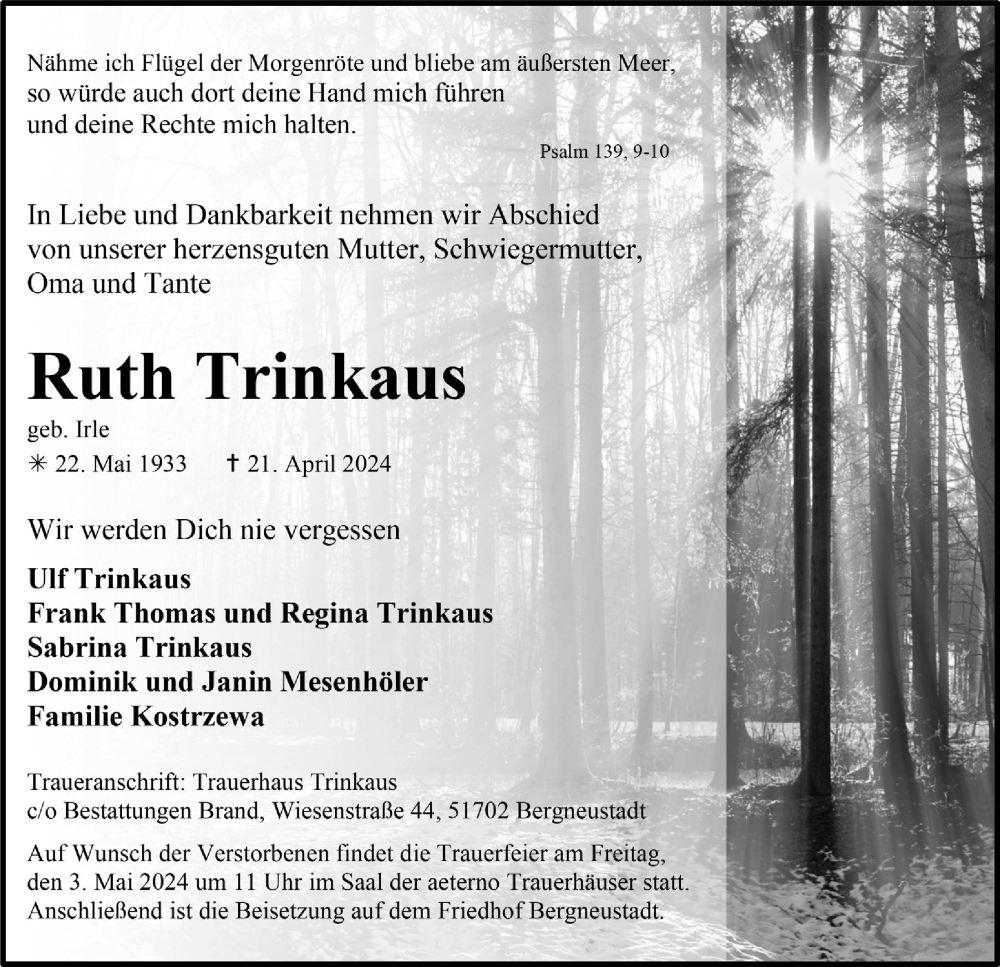  Traueranzeige für Ruth Trinkaus vom 26.04.2024 aus  Anzeigen Echo 