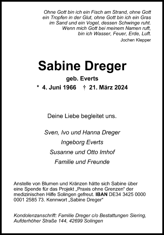 Anzeige von Sabine Dreger von Kölner Stadt-Anzeiger / Kölnische Rundschau / Express