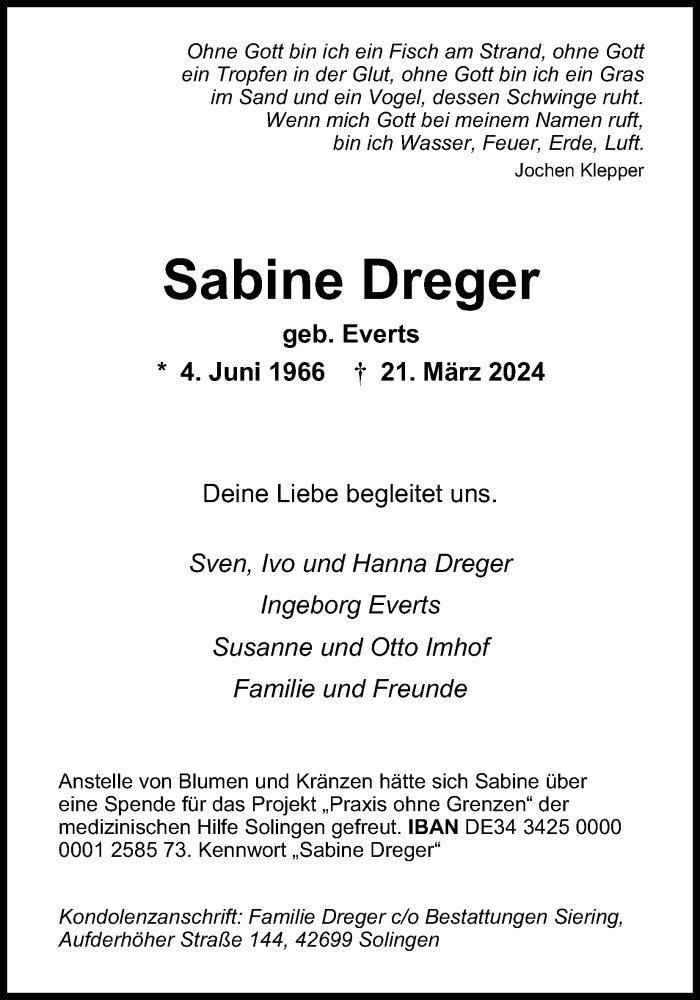  Traueranzeige für Sabine Dreger vom 30.03.2024 aus Kölner Stadt-Anzeiger / Kölnische Rundschau / Express