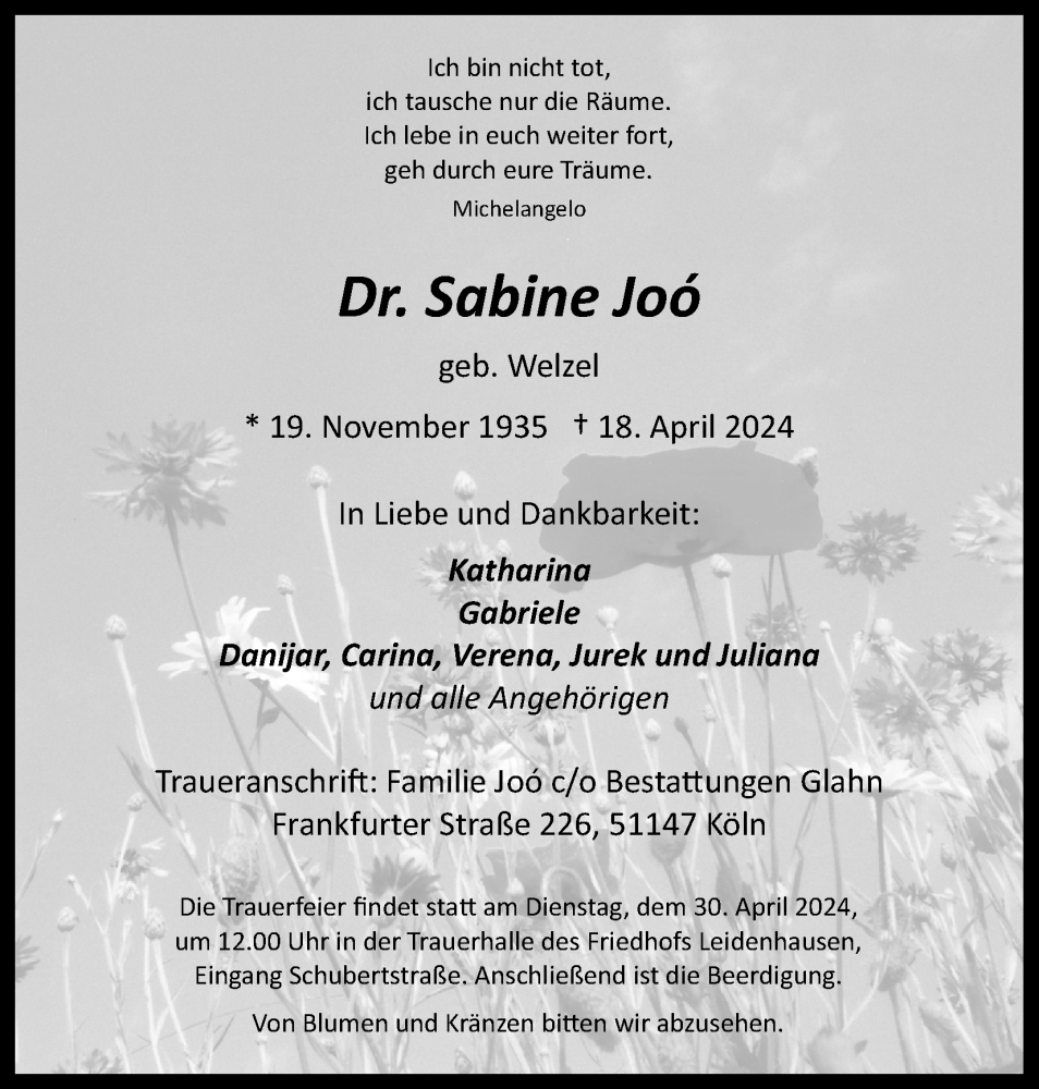  Traueranzeige für Sabine Joo vom 27.04.2024 aus Kölner Stadt-Anzeiger / Kölnische Rundschau / Express