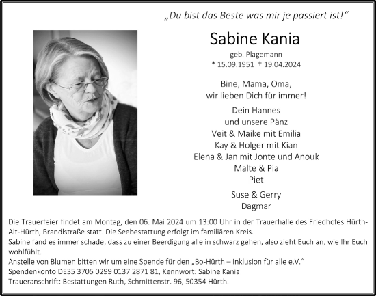 Anzeige von Sabine Kania von  Wochenende 