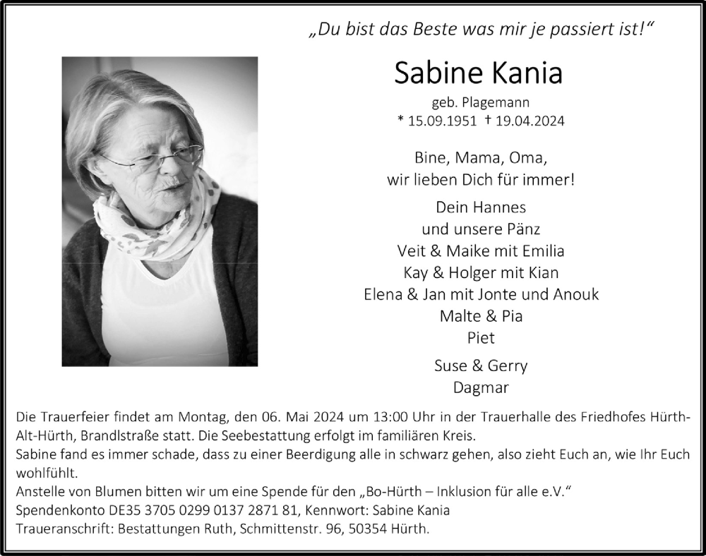 Traueranzeige für Sabine Kania vom 26.04.2024 aus  Wochenende 