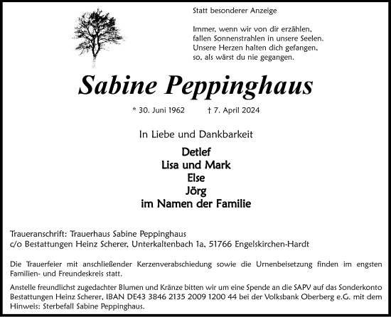 Anzeige von Sabine Peppinghaus von Kölner Stadt-Anzeiger / Kölnische Rundschau / Express