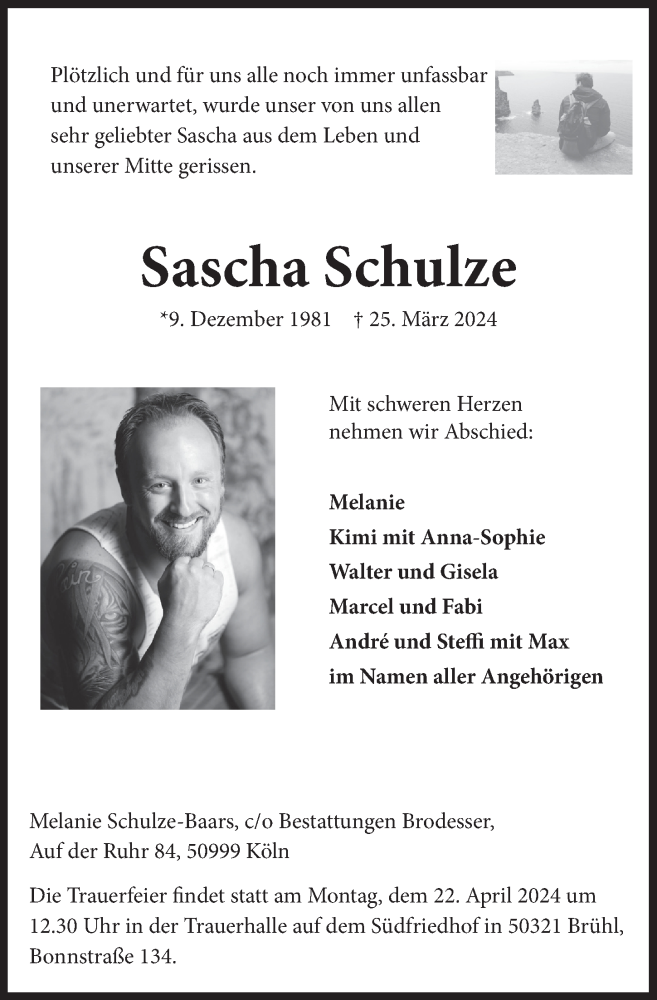  Traueranzeige für Sascha Schulze vom 19.04.2024 aus  Schlossbote/Werbekurier 