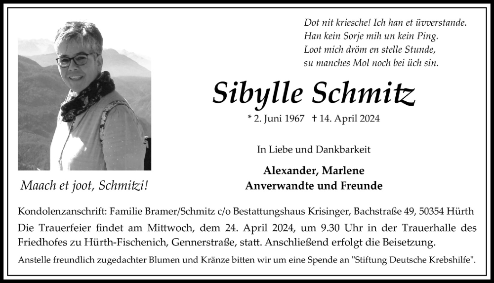  Traueranzeige für Sibylle Schmitz vom 20.04.2024 aus  Schlossbote/Werbekurier 