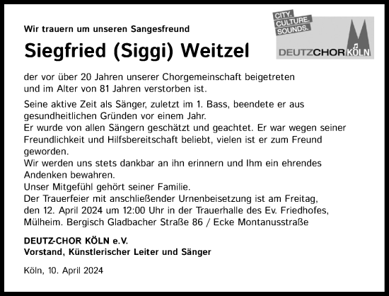Anzeige von Siegfried  Weitzel von Kölner Stadt-Anzeiger / Kölnische Rundschau / Express