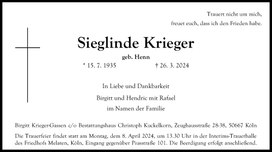 Anzeige von Sieglinde Krieger von Kölner Stadt-Anzeiger / Kölnische Rundschau / Express