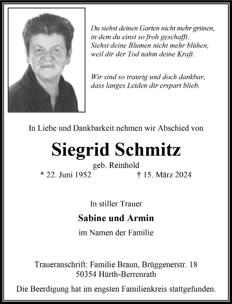  Traueranzeige für Siegrid Schmitz vom 12.04.2024 aus  Wochenende 