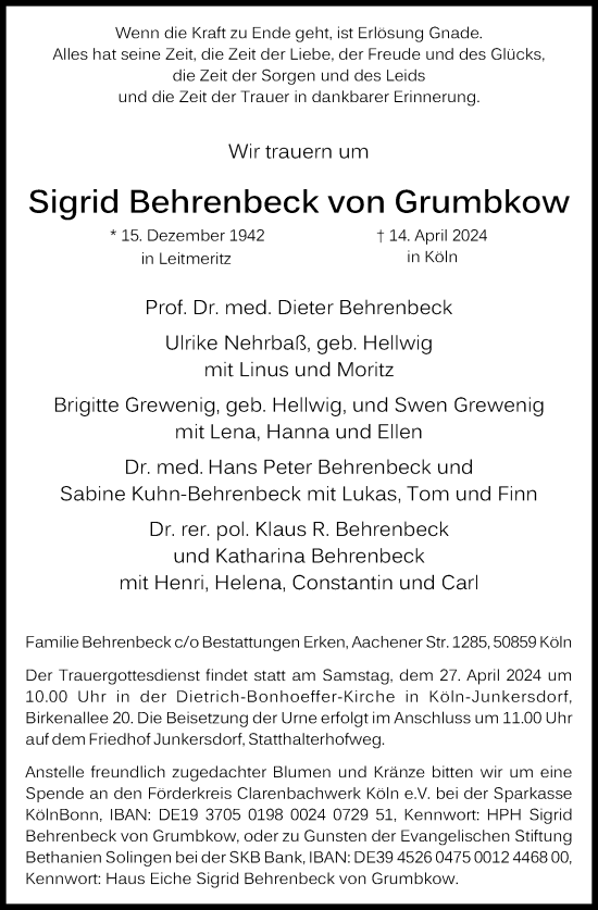 Anzeige von Sigrid Behrenbeck von Grumbkow von Kölner Stadt-Anzeiger / Kölnische Rundschau / Express
