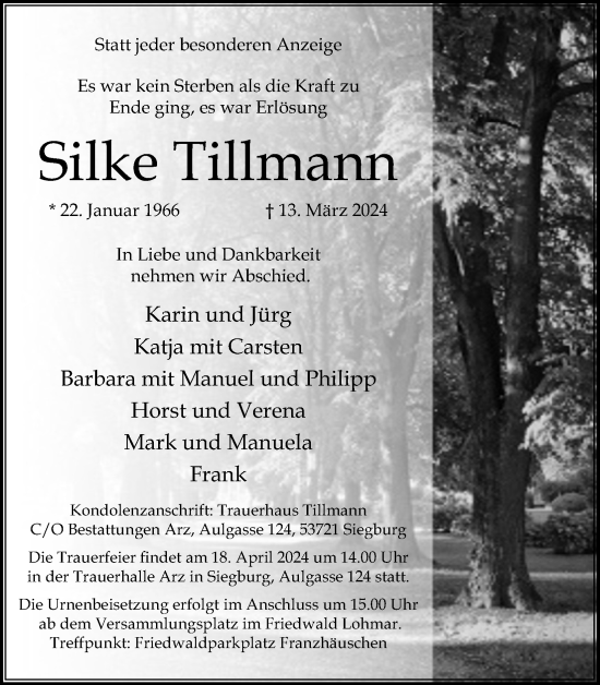 Anzeige von Silke Tillmann von Kölner Stadt-Anzeiger / Kölnische Rundschau / Express