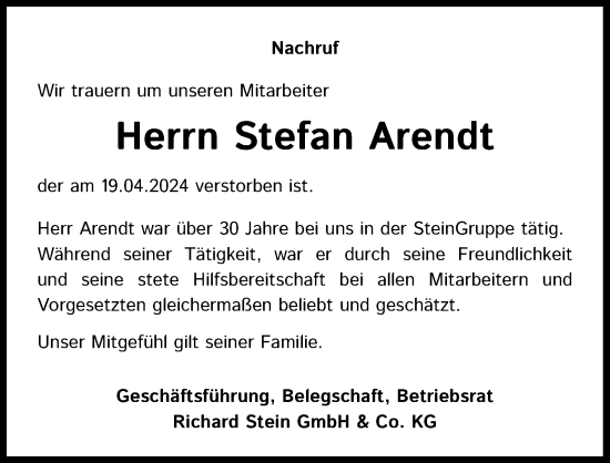 Anzeige von Stefan Arendt von Kölner Stadt-Anzeiger / Kölnische Rundschau / Express