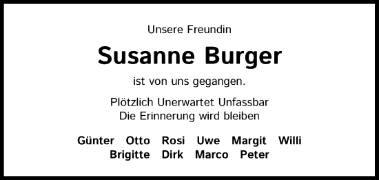 Anzeige von Susanne Burger von Kölner Stadt-Anzeiger / Kölnische Rundschau / Express