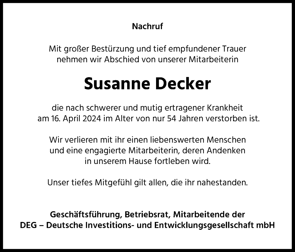  Traueranzeige für Susanne Decker vom 20.04.2024 aus Kölner Stadt-Anzeiger / Kölnische Rundschau / Express
