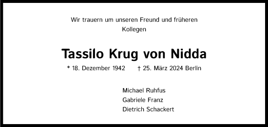 Anzeige von Tassilo  Krug von Nidda von Kölner Stadt-Anzeiger / Kölnische Rundschau / Express