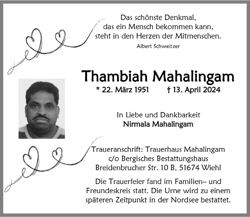  Traueranzeige für Thambiah Mahalingam vom 19.04.2024 aus  Anzeigen Echo 