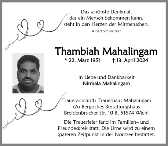 Anzeige von Thambiah Mahalingam von  Anzeigen Echo 