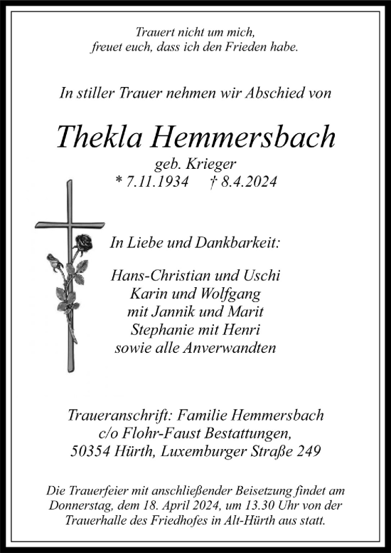 Anzeige von Thekla Hemmersbach von  Wochenende 