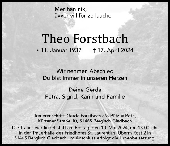 Anzeige von Theo Forstbach von Kölner Stadt-Anzeiger / Kölnische Rundschau / Express