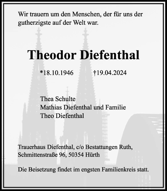 Anzeige von Theodor Diefenthal von Kölner Stadt-Anzeiger / Kölnische Rundschau / Express