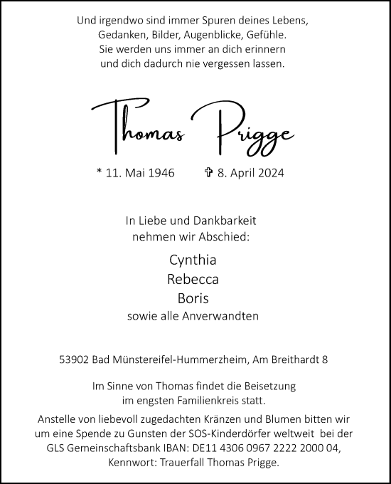 Anzeige von Thomas Prigge von Kölner Stadt-Anzeiger / Kölnische Rundschau / Express