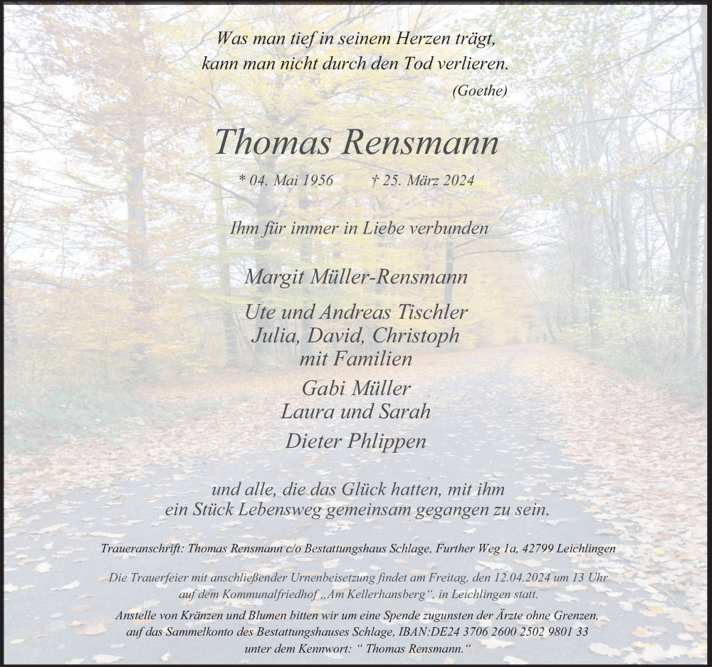  Traueranzeige für Thomas Rensmann vom 30.03.2024 aus Kölner Stadt-Anzeiger / Kölnische Rundschau / Express