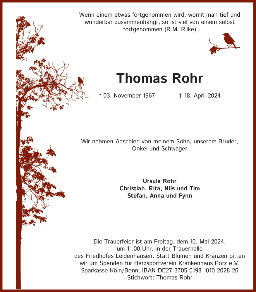  Traueranzeige für Thomas Rohr vom 27.04.2024 aus Kölner Stadt-Anzeiger / Kölnische Rundschau / Express