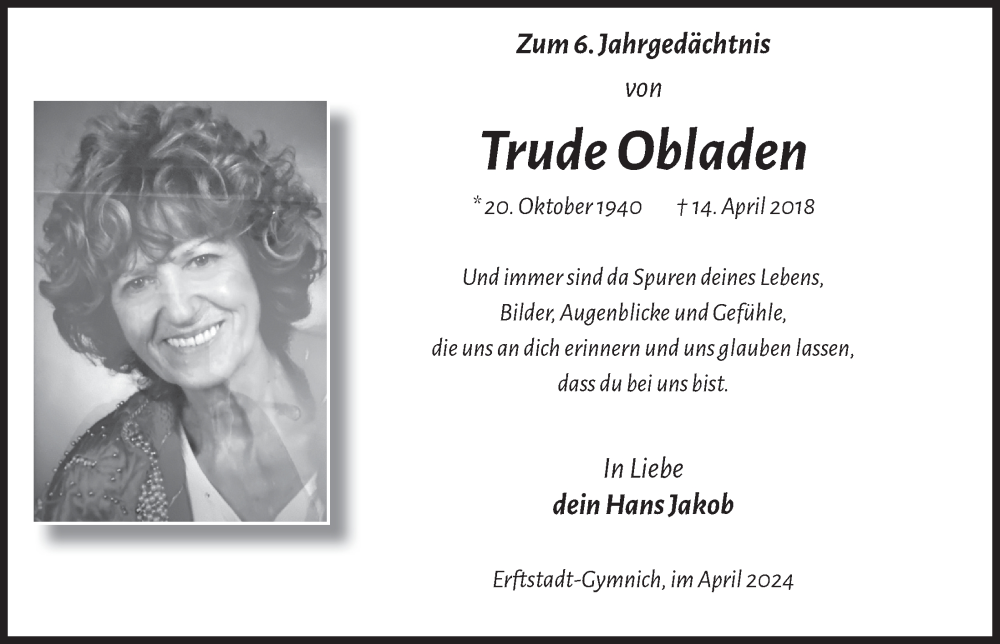  Traueranzeige für Trude Obladen vom 18.07.2023 aus  Werbepost 