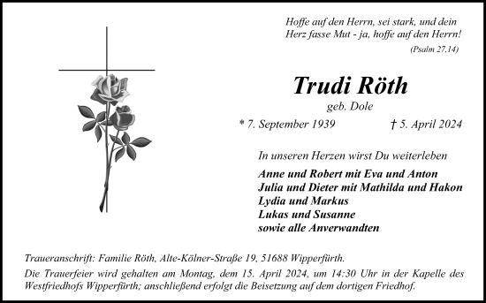 Anzeige von Trudi Röth von Kölner Stadt-Anzeiger / Kölnische Rundschau / Express