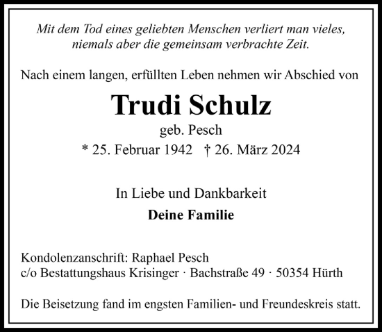 Anzeige von Trudi Schulz von  Wochenende 