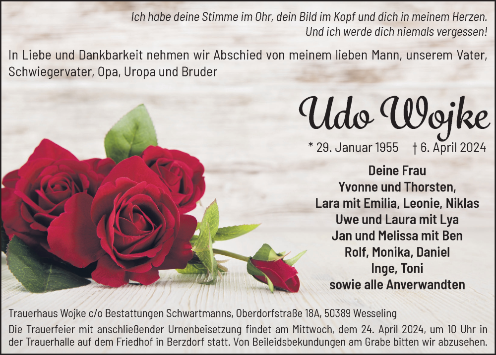  Traueranzeige für Udo Wojke vom 19.04.2024 aus  Schlossbote/Werbekurier 