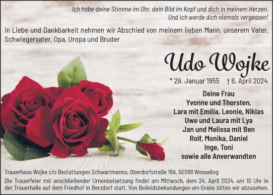 Anzeige von Udo Wojke von  Schlossbote/Werbekurier 