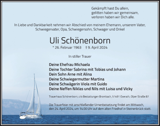 Anzeige von Uli Schönenborn von  Bergisches Handelsblatt 