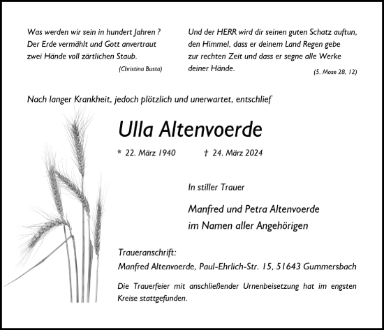Anzeige von Ulla Altenvoerde von  Anzeigen Echo 