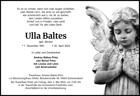 Anzeige von Ulla Baltes von Kölner Stadt-Anzeiger / Kölnische Rundschau / Express