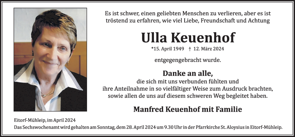  Traueranzeige für Ulla Keuenhof vom 20.04.2024 aus Kölner Stadt-Anzeiger / Kölnische Rundschau / Express