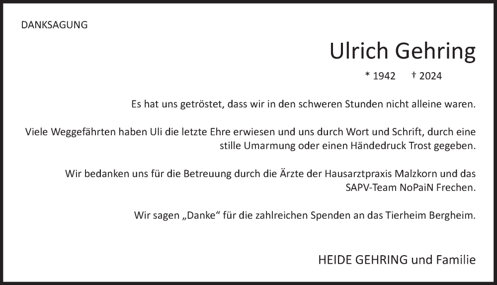  Traueranzeige für Ulrich Gehring vom 12.04.2024 aus  Werbepost 