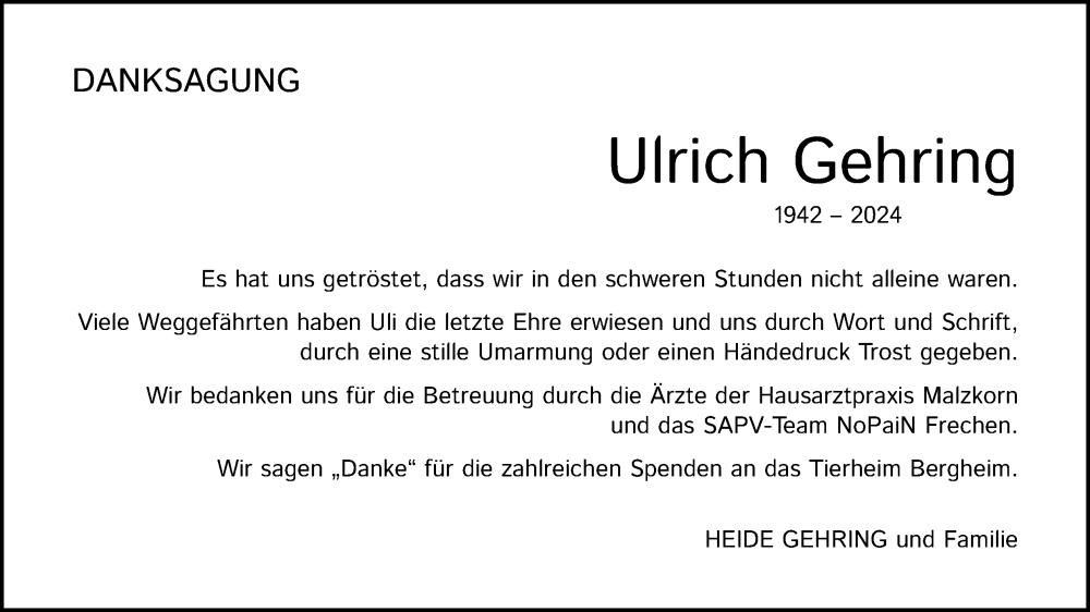  Traueranzeige für Ulrich Gehring vom 13.04.2024 aus Kölner Stadt-Anzeiger / Kölnische Rundschau / Express