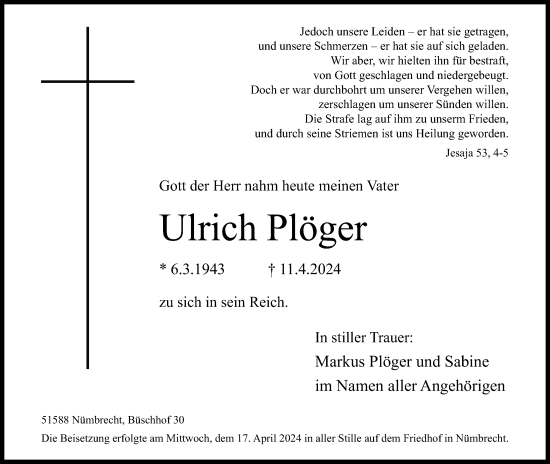 Anzeige von Ulrich Plöger von Kölner Stadt-Anzeiger / Kölnische Rundschau / Express