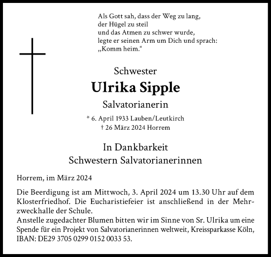 Anzeige von Ulrika Sipple von Kölner Stadt-Anzeiger / Kölnische Rundschau / Express