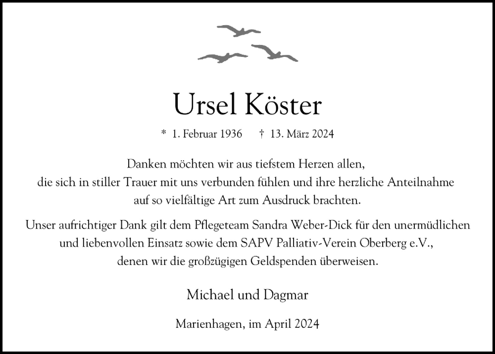  Traueranzeige für Ursel Köster vom 12.04.2024 aus  Anzeigen Echo 