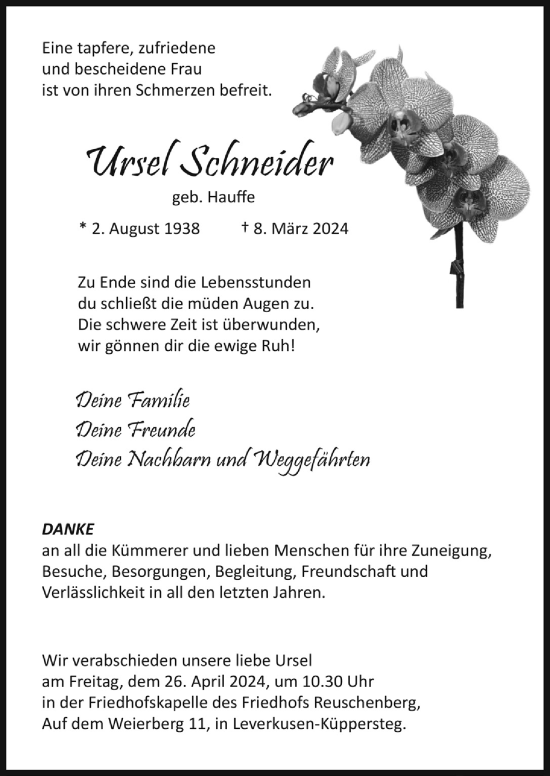 Anzeige von Ursel Schneider von  Wochenende 