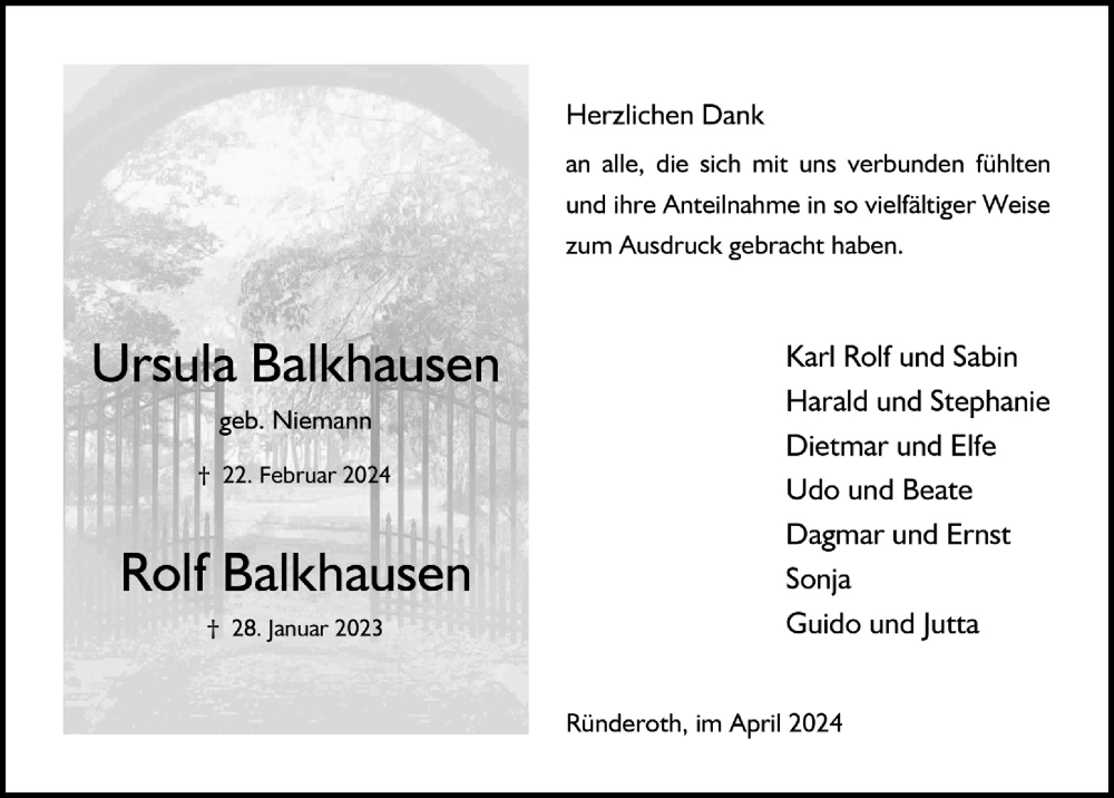  Traueranzeige für Ursula Balkhausen vom 12.04.2024 aus  Anzeigen Echo 