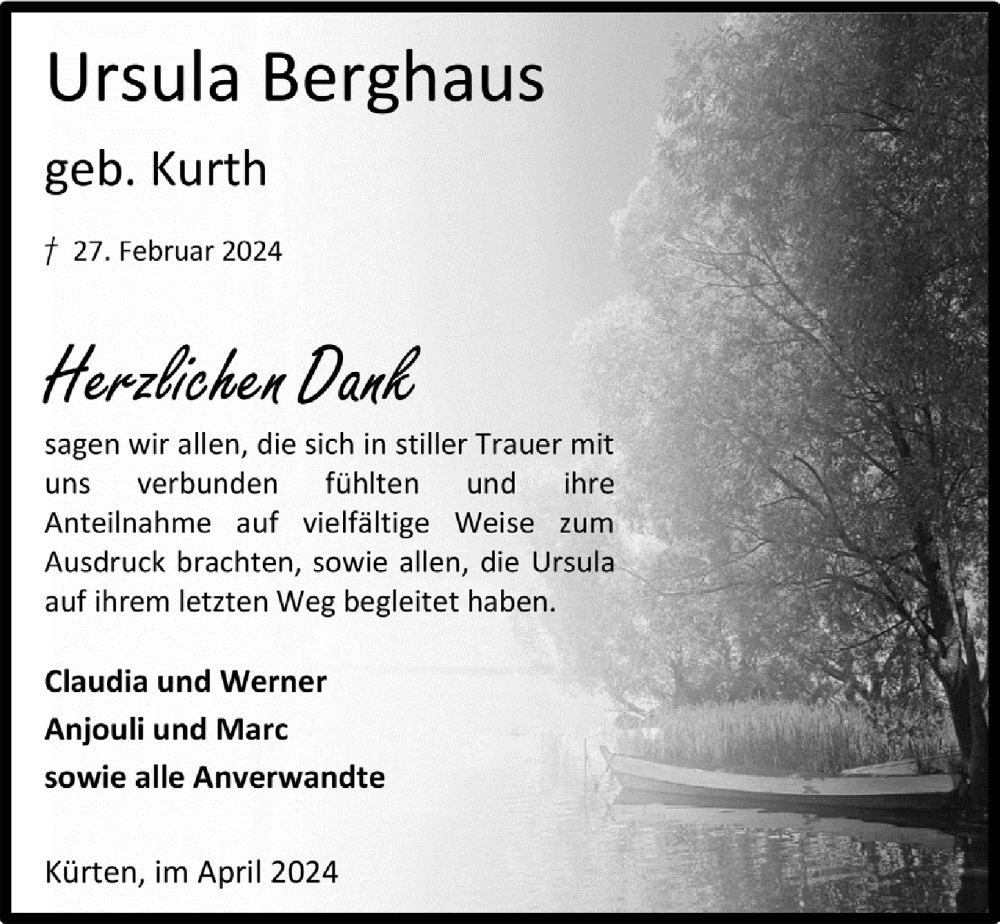  Traueranzeige für Ursula Berghaus vom 12.04.2024 aus  Bergisches Handelsblatt 