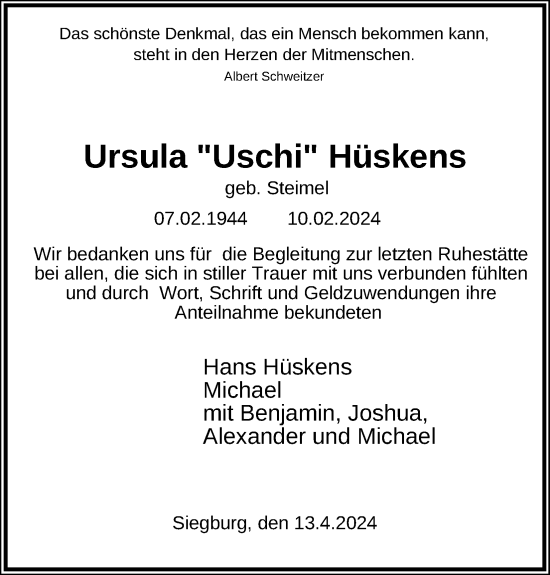 Anzeige von Ursula Hüskens von Kölner Stadt-Anzeiger / Kölnische Rundschau / Express