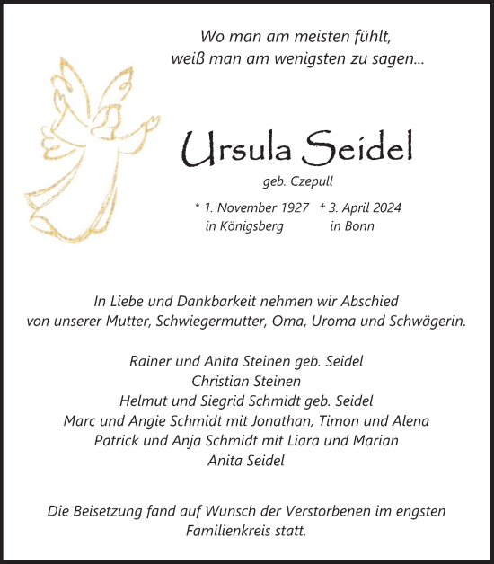 Anzeige von Ursula Seidel von Kölner Stadt-Anzeiger / Kölnische Rundschau / Express