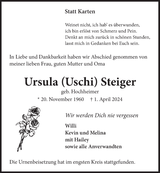 Anzeige von Ursula Steiger von  Wochenende 