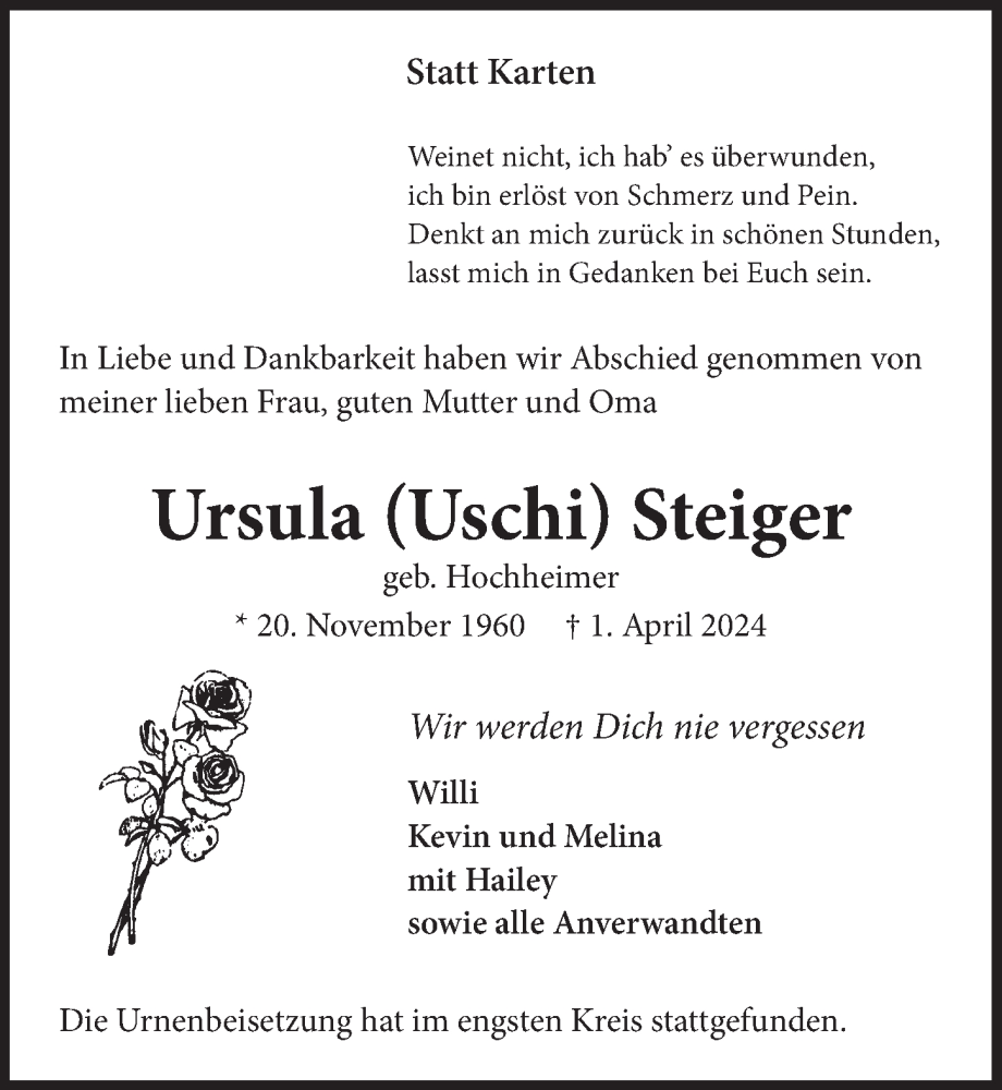  Traueranzeige für Ursula Steiger vom 12.04.2024 aus  Wochenende 