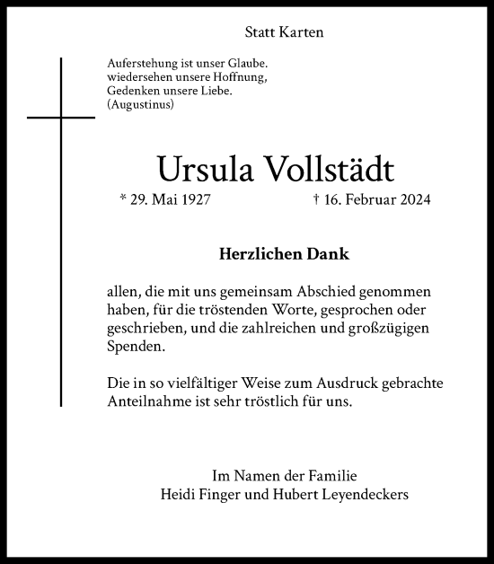 Anzeige von Ursula Vollstädt von Kölner Stadt-Anzeiger / Kölnische Rundschau / Express