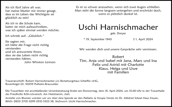 Anzeige von Uschi Harnischmacher von Kölner Stadt-Anzeiger / Kölnische Rundschau / Express
