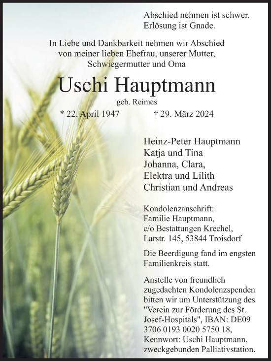 Anzeige von Uschi Hauptmann von Kölner Stadt-Anzeiger / Kölnische Rundschau / Express